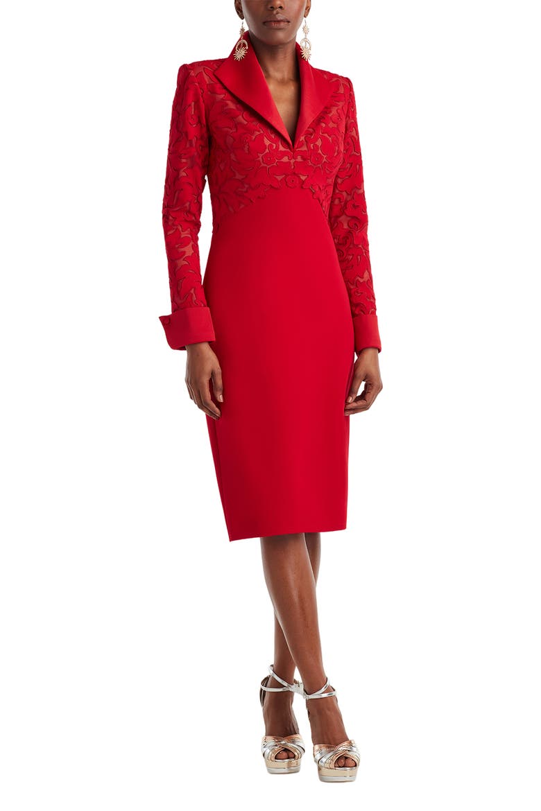Lace Detail Long Sleeve Sheath Cocktail Dress, Alternate, color, CHERRY