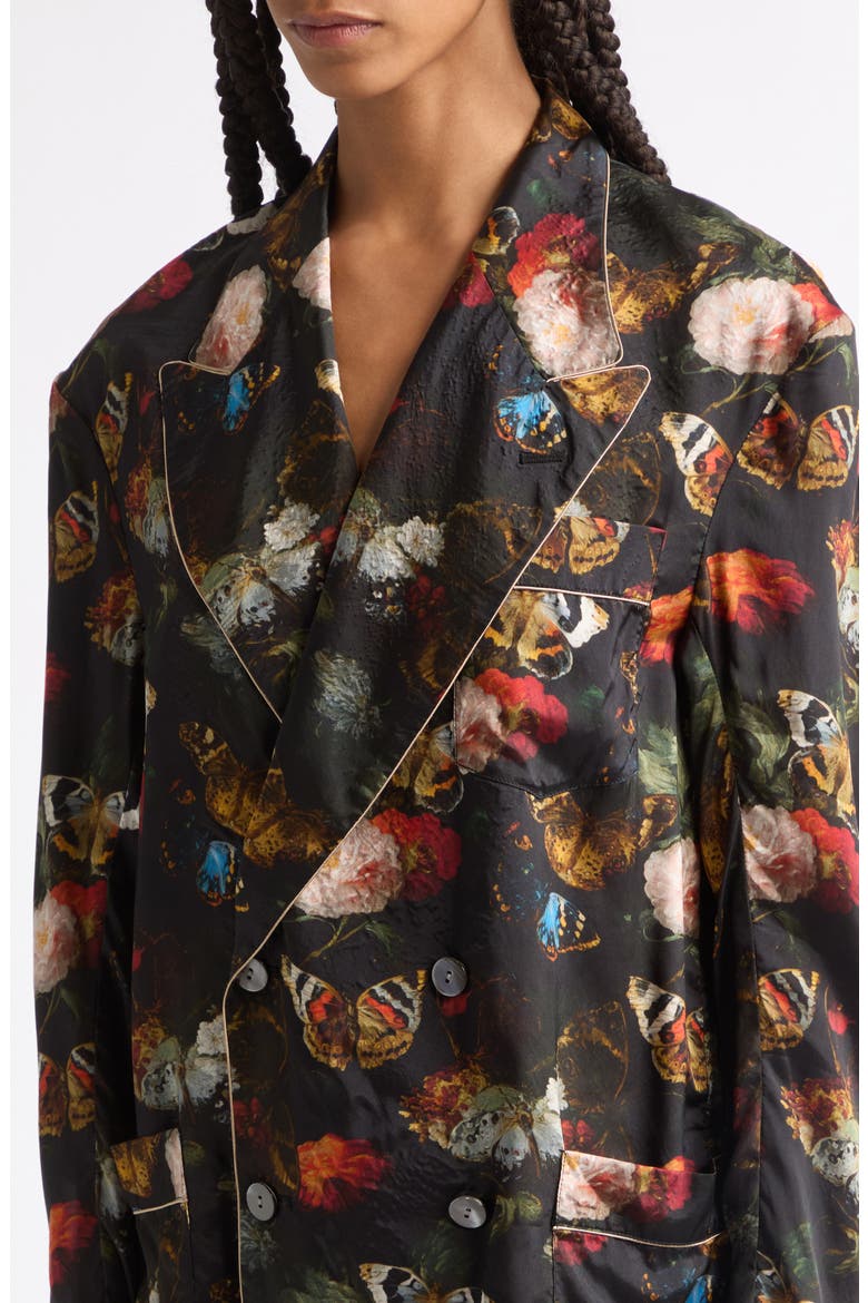 Ragged Peak Lapel Double Breasted Blazer, Alternate, color, BLACK RED FLORAL BUTTERFLY