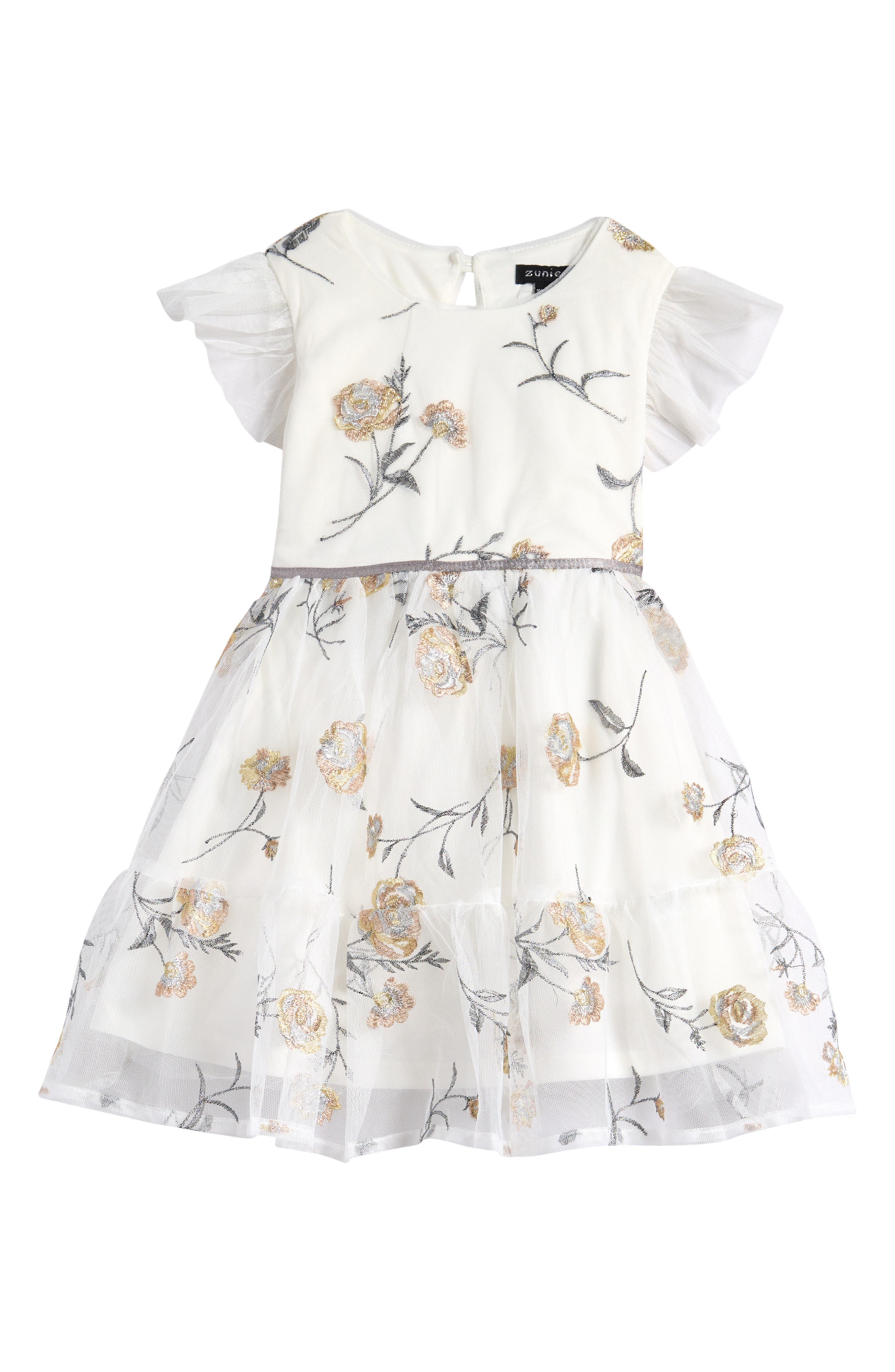 Zunie Kids' Flutter Sleeve Floral Embroidered Party Dress in Ivory 