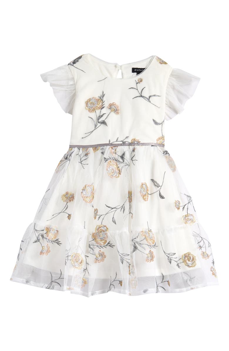 Zunie Kids' Flutter Sleeve Floral Embroidered Party Dress, Main, color, 