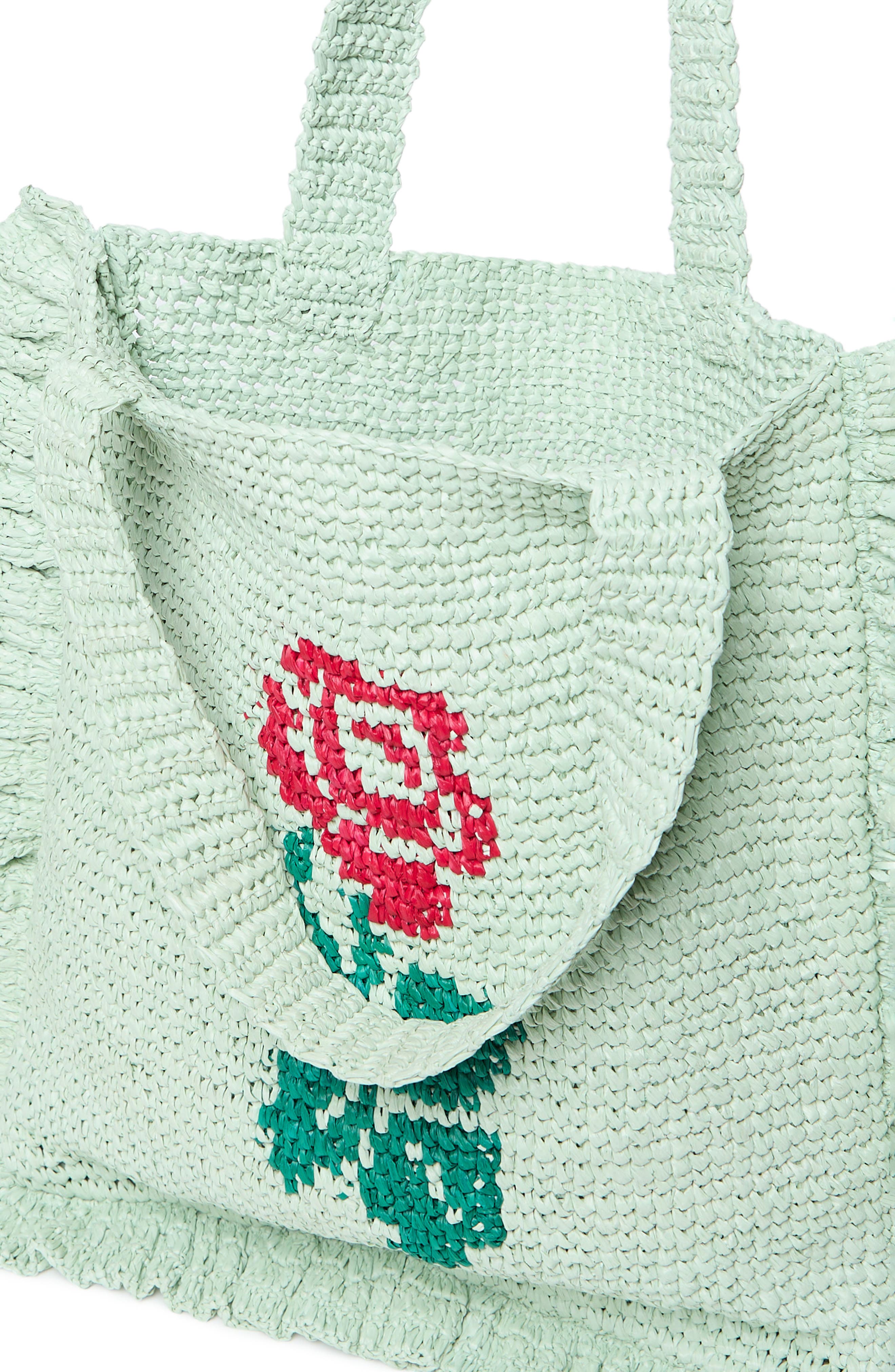 Loeffler Randall Justine Raffia Ruffle Tote Bag, Alternate, color, Mint/ Red/ Green