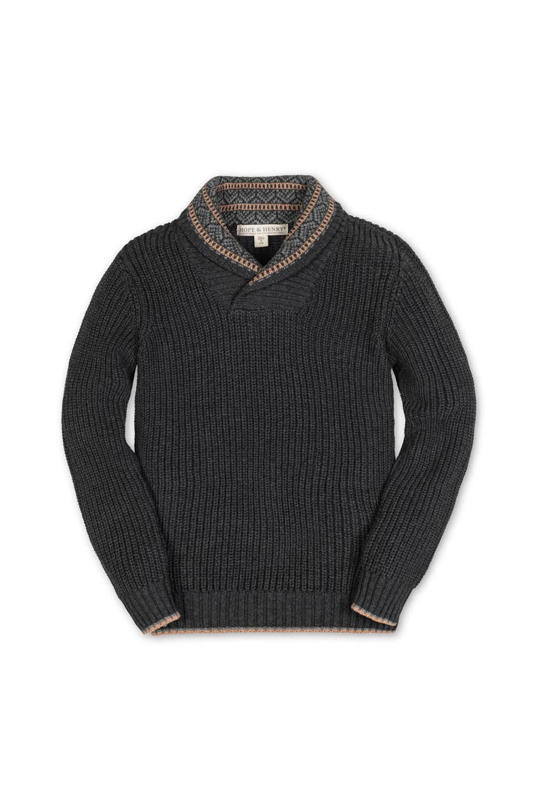 Kids' Organic Long Sleeve Shawl Collar Sweater with Intarsia Detail, Main, color, Charcoal Heather with Detail
