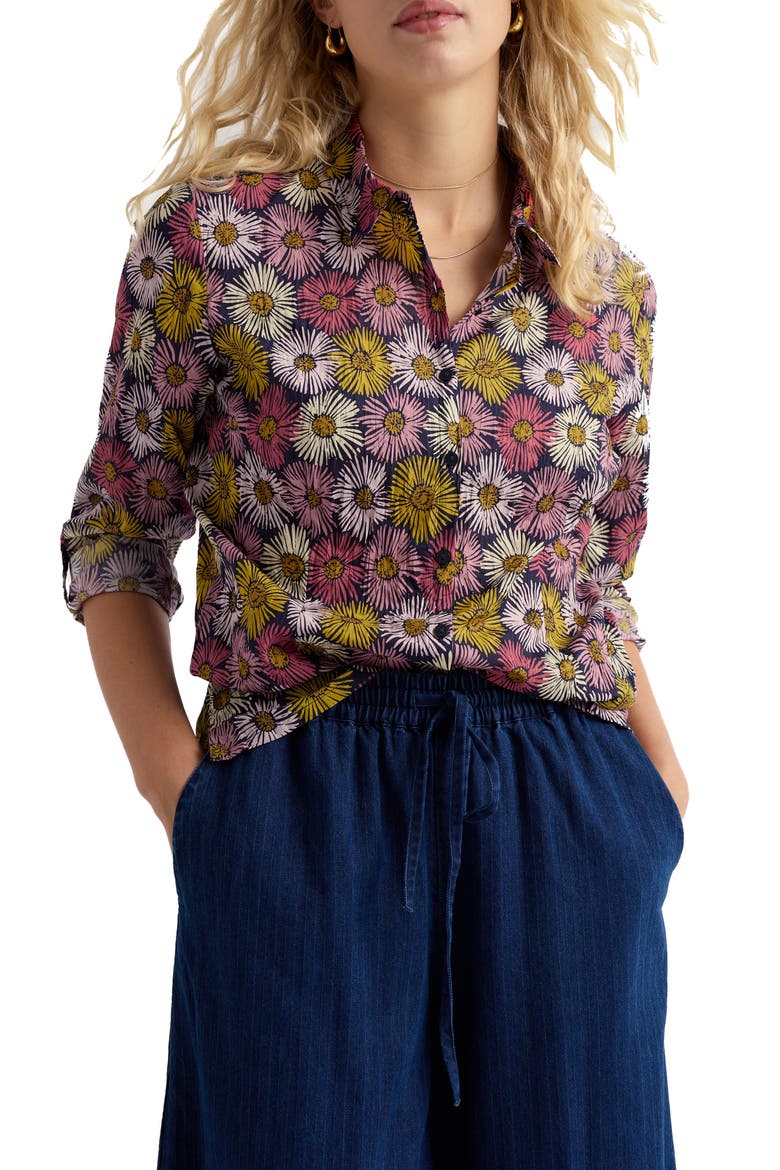 Larissa Crinkled Floral Organic Cotton Button-Up Shirt, Main, color, PAINTED ASTERS MARITIME