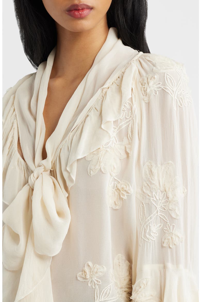 Blusa Gigi Floral Embroidered Tie Mock Neck Top, Alternate, color, ECRU