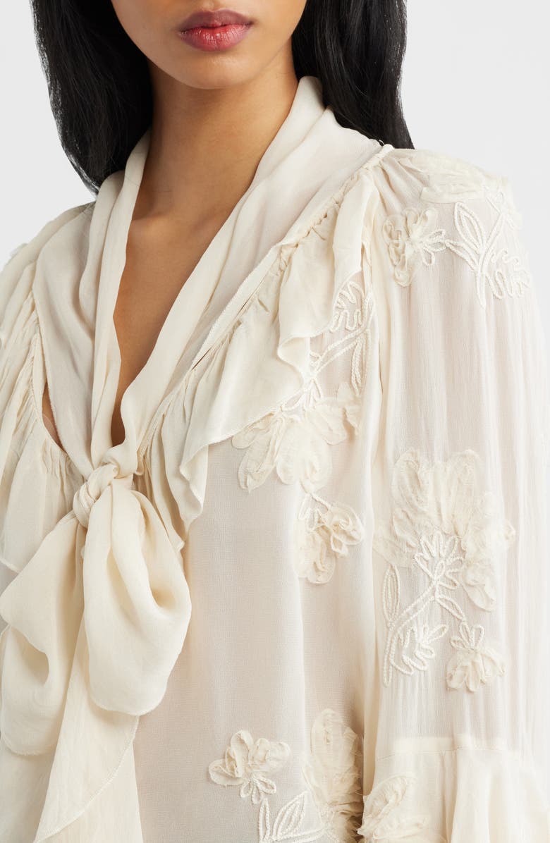 MANGO Blusa Gigi Floral Embroidered Tie Mock Neck Top, Alternate, color, Ecru