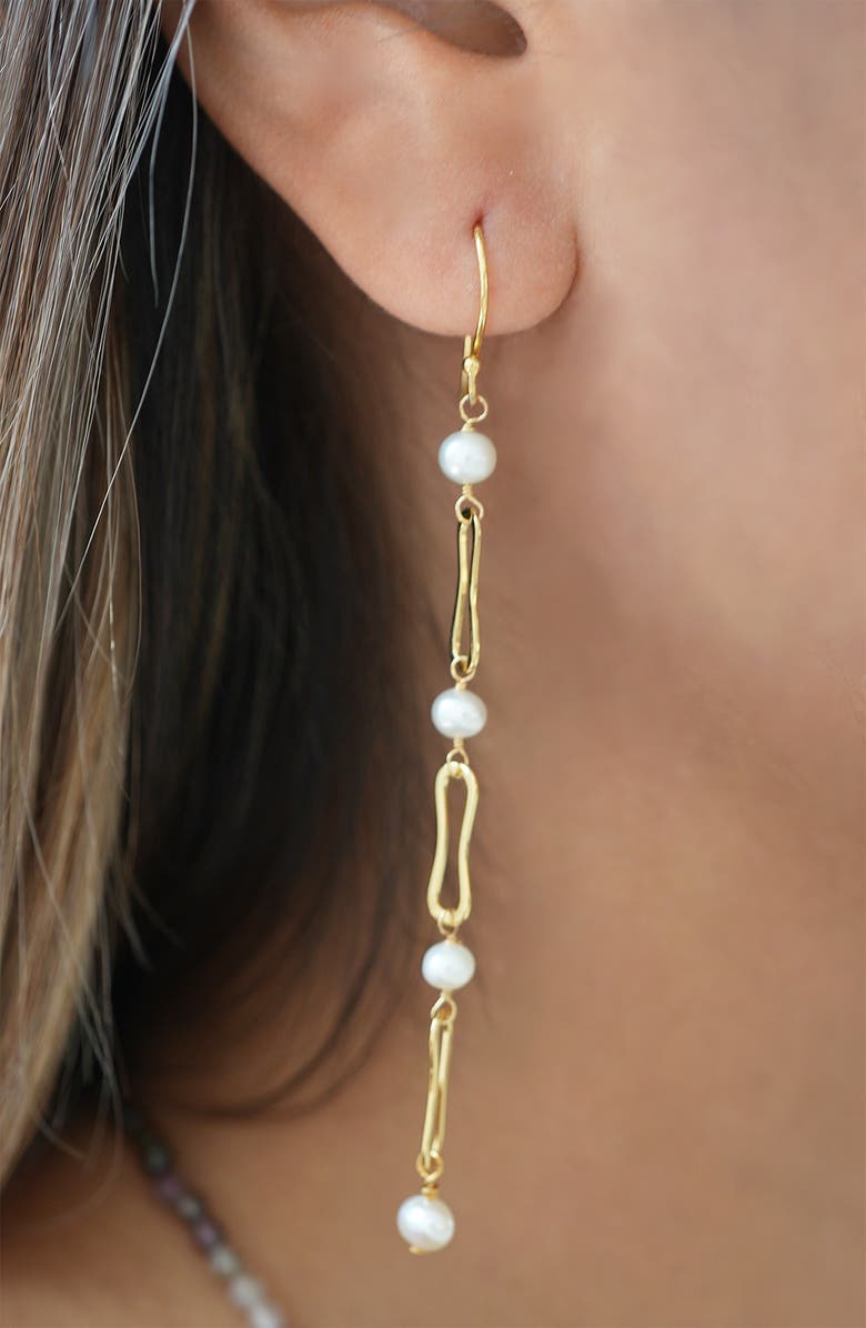 Argento Vivo Sterling Silver Freshwater Pearl Linear Drop Earrings, Alternate, color, Gold