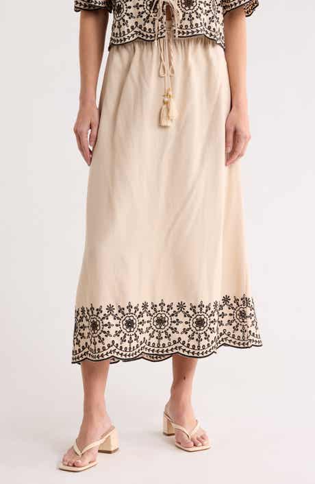 Ellen Tracy Embroidered Eyelet Hem Pull-On Skirt
