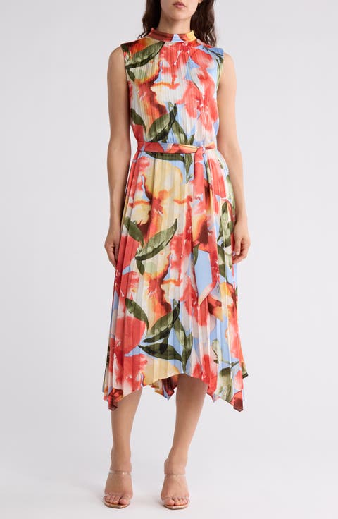 Floral Sleeveless Pleated Trapeze Dress