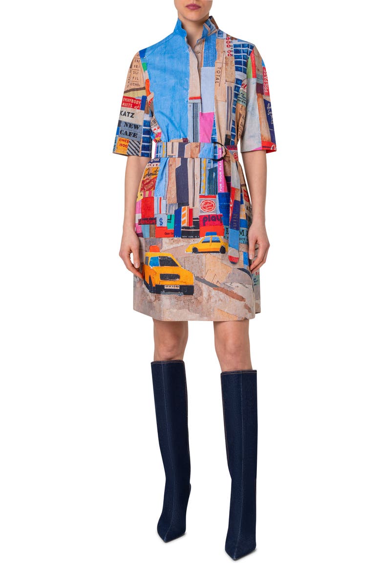 NYC Paper Collage Print Belted Cotton Poplin Shirtdress, Main, color, BLUE MULTI