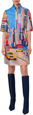 Akris punto NYC Paper Collage Print Belted Cotton Poplin Shirtdress