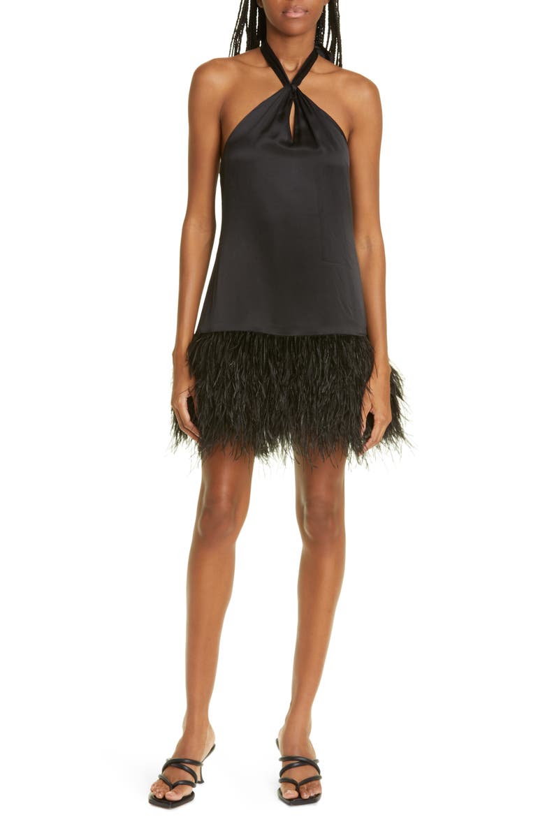 Barb Feather Hem Silk Halter Dress, Main, color, BLACK