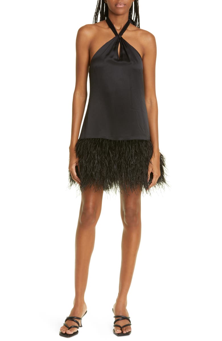 Cinq à Sept Barb Feather Hem Silk Halter Dress, Main, color, 