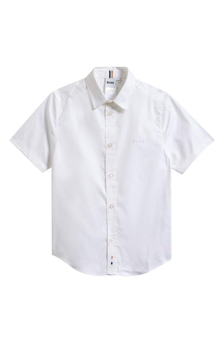 BOSS Kidswear Kids' Solid Short Sleeve Cotton Button-Up Shirt, Main, color, White