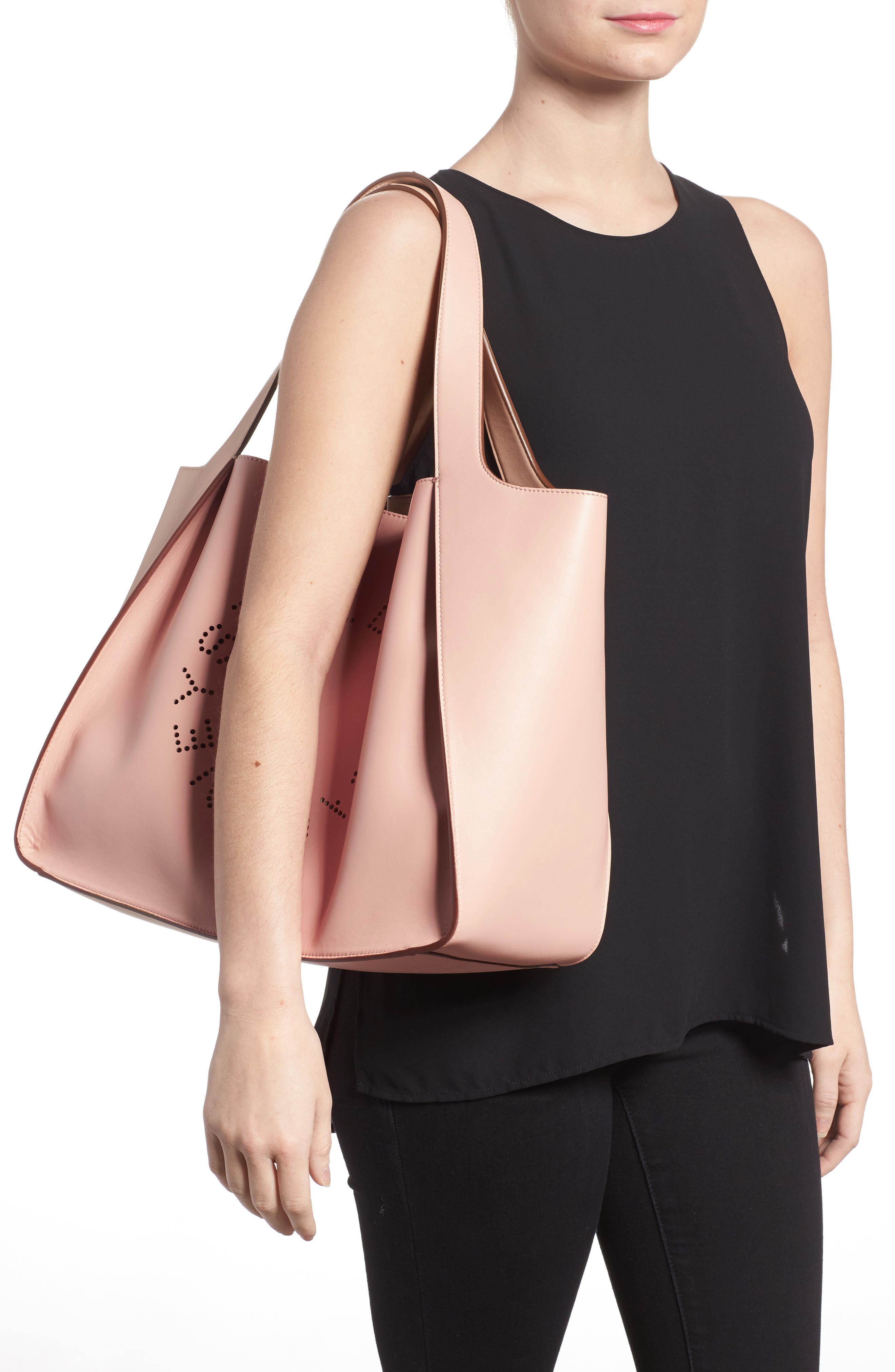 Medium Perforated Logo Faux Leather Tote, Alternate, color, POWDER PINK