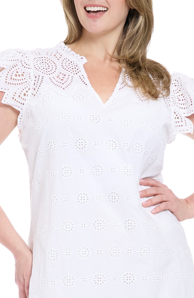 London Times Cap Sleeve Embroidered Eyelet Cotton Shift Dress, Alternate, color, White