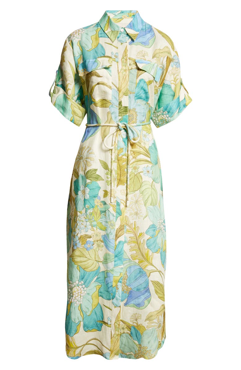 ALEMAIS Janis Floral Print Belted Linen Midi Shirtdress, Alternate, color, 