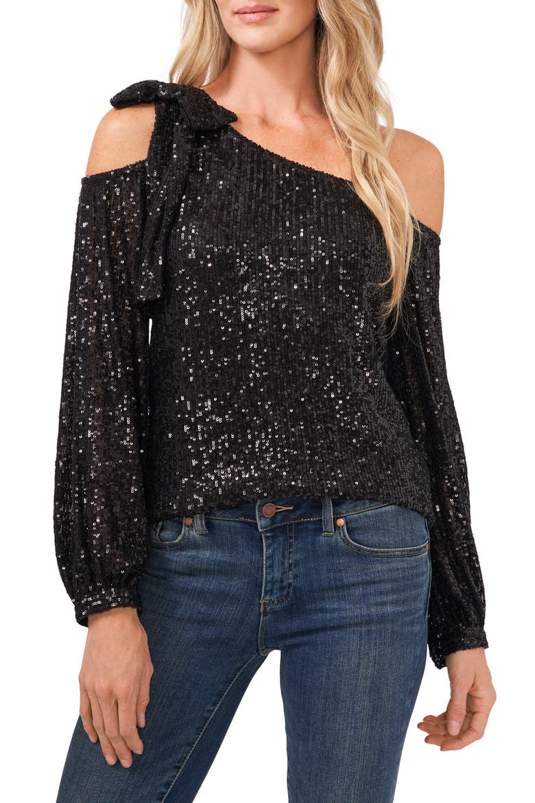 One-Shoulder Sequin Top, Main, color, RICH BLACK