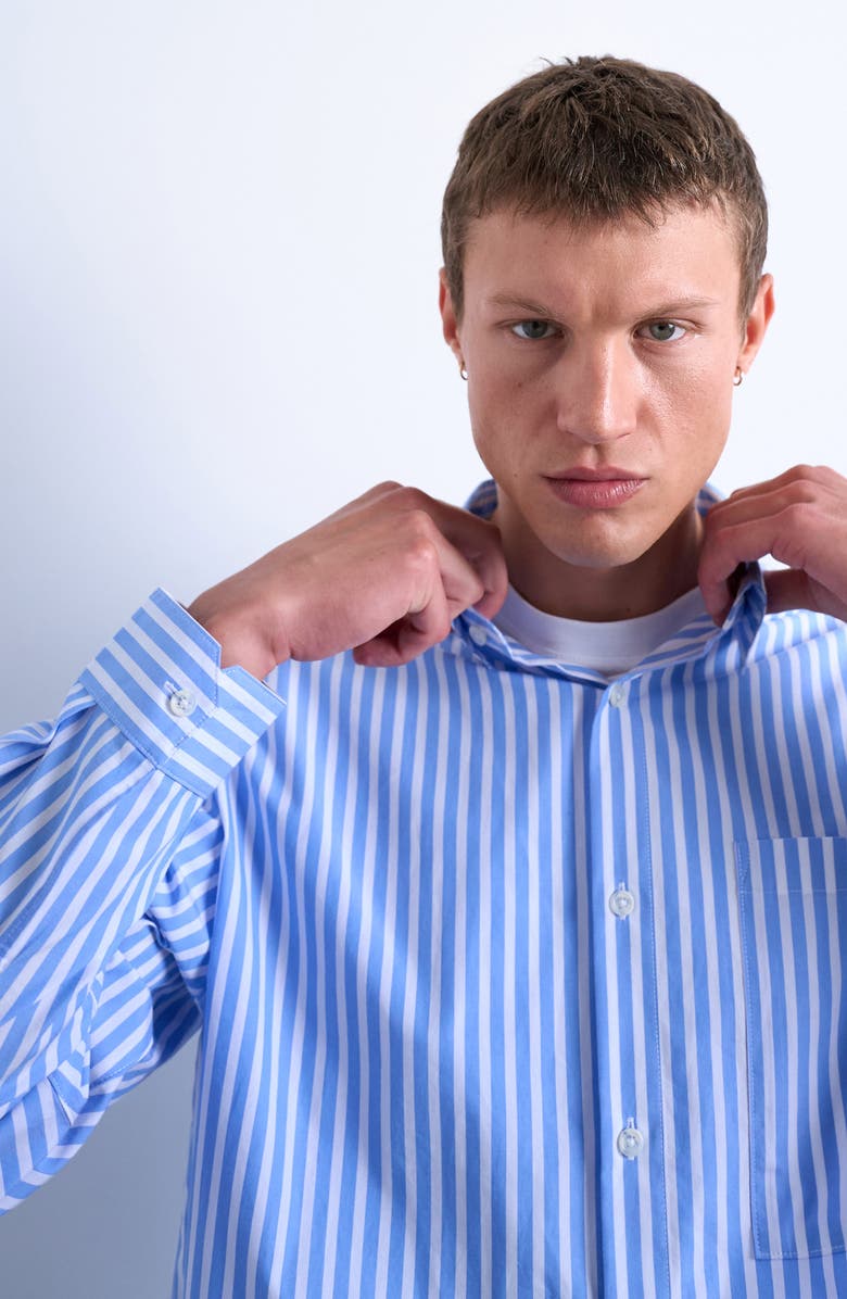 Topman Oversize Stripe Cotton Button-Up Shirt, Alternate, color, Medium Blue