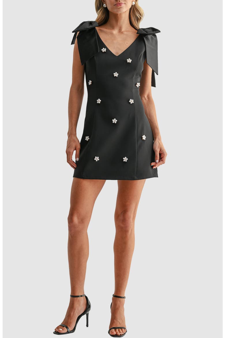 Bow Shoulder Embellished Minidress, Main, color, BLACK