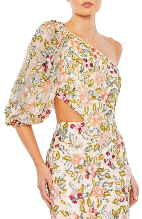 Mac Duggal One-shoulder Gown With Hand-embellished Floral Sequins & Blouson Sleeves In Nude Multi