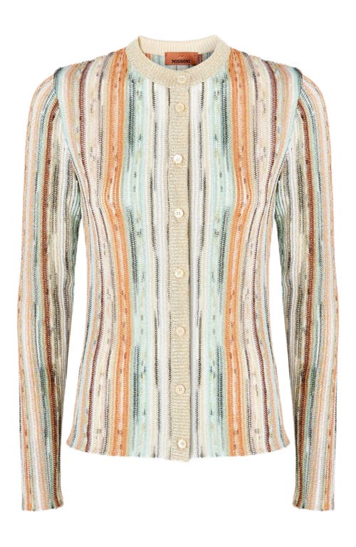 Shop Missoni Striped Lamé Slub Viscose Crewneck Cardigan In Multicoloured