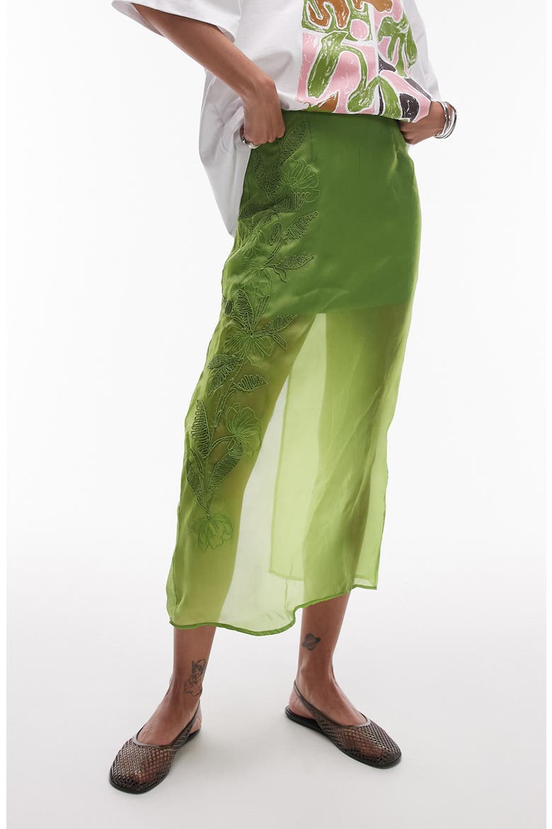 Embroidered Cotton Organza Midi Skirt, Main, color, MEDIUM GREEN