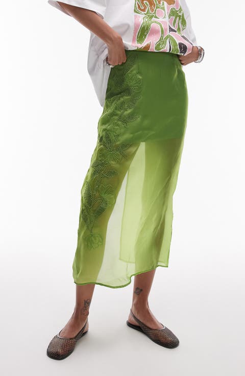 Embroidered Cotton Organza Midi Skirt