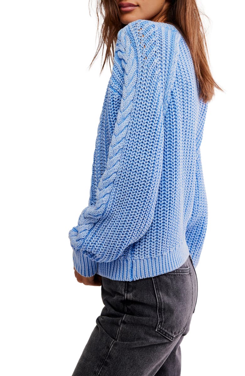 Free People Frankie Cable Cotton Sweater, Alternate, color, Della Robbia Blue