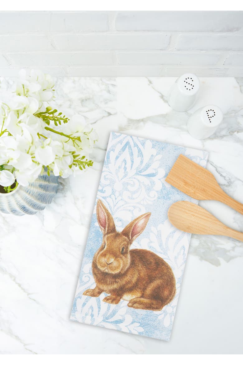 Damask Blue Easter Bunny Rabbit Cotton Kitchen Dishtowel, Alternate, color, Blue