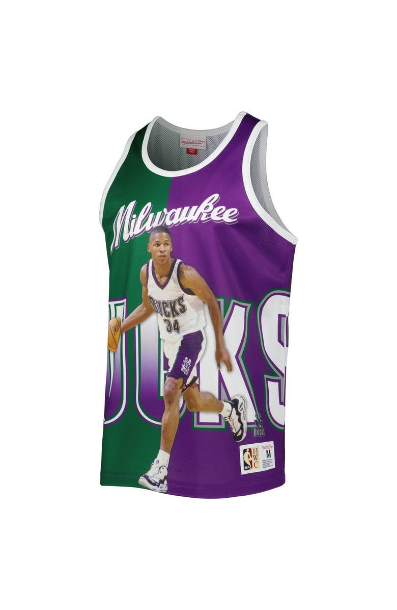 Mitchell & Ness Men's Mitchell & Ness Ray Allen Hunter Green/Purple Milwaukee Bucks Sublimated Player Tank Top, Alternate, color, 