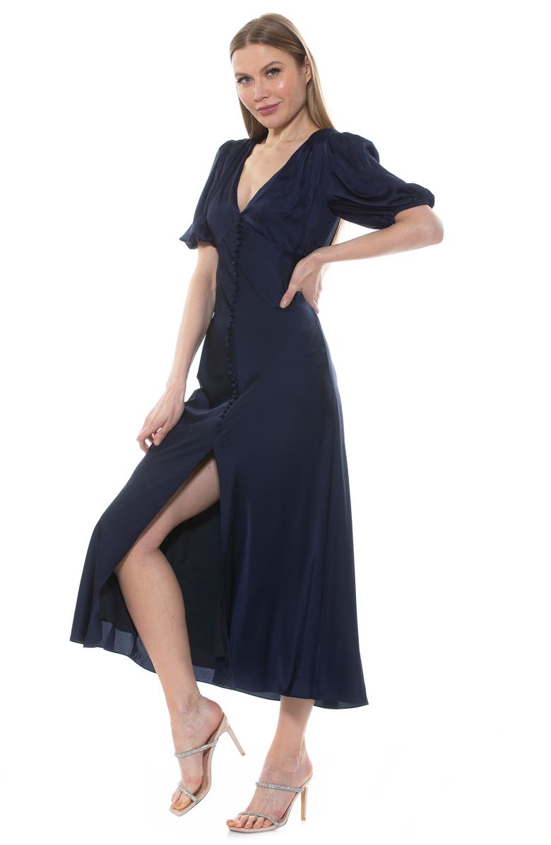 Alexia Admor Lorelei V-Neck Bubble Sleeve Midi Dress, Alternate, color, Navy