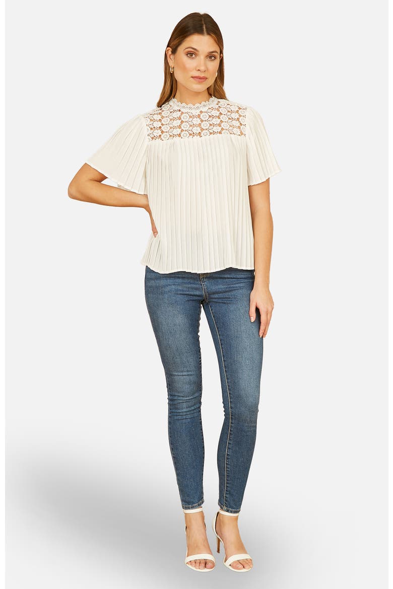 Lace Panel Pleated Short Sleeve Top, Alternate, color, White