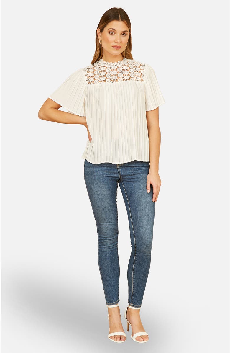 Yumi Lace Panel Pleated Short Sleeve Top, Alternate, color, White