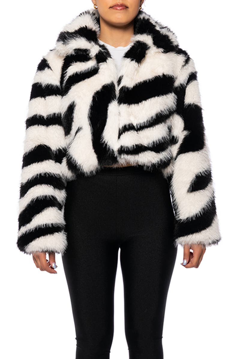 AZALEA WANG Zebra Print Faux Fur Crop Jacket with Removable Collar, Main, color,