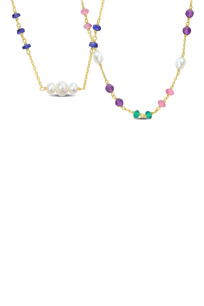Set of 2 Semiprecious Stone & Cultured Freshweater Pearl Necklaces, Main, color, GREEN/ BLUE/ PEARL MULTI