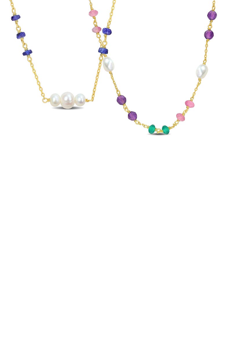 DELMAR Set of 2 Semiprecious Stone & Cultured Freshweater Pearl Necklaces, Main, color, Green/ Blue/ Pearl Multi