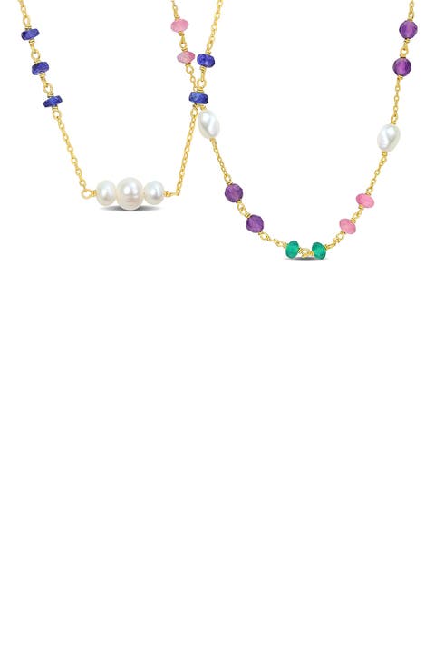 Set of 2 Semiprecious Stone & Cultured Freshweater Pearl Necklaces