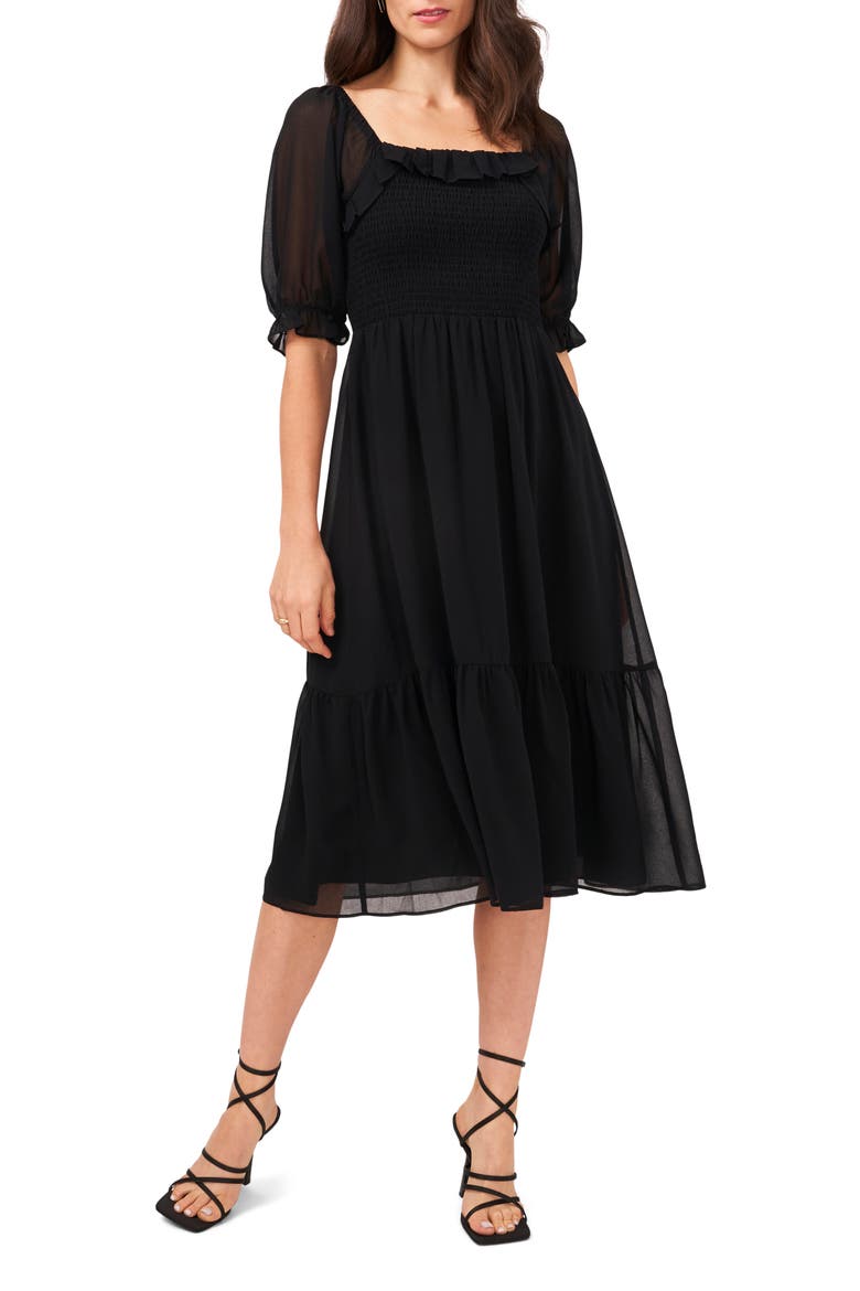 Puff Sleeve Smocked Dress, Main, color, RICH BLACK