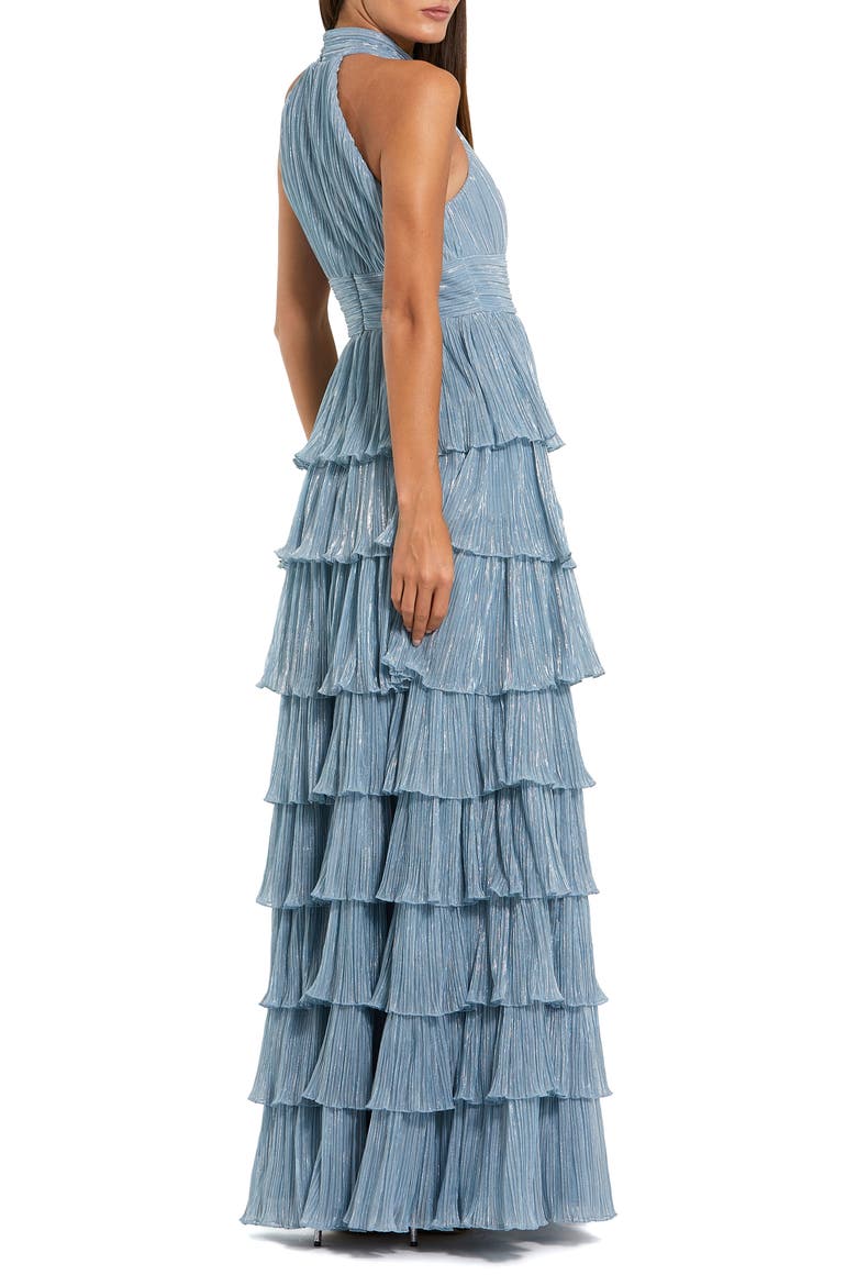 Pleated Metallic Tiered Gown with 3D Flower, Alternate, color, Powder Blue