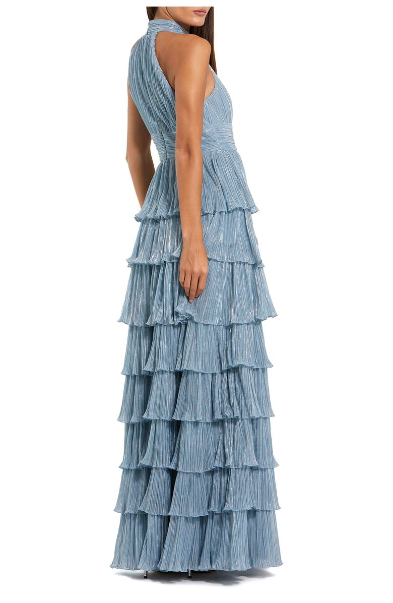Mac Duggal Pleated Metallic Tiered Gown with 3D Flower, Alternate, color, Powder Blue