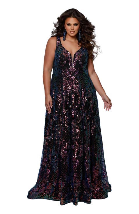 Bra-Friendly V-Neckline Sequin A-Line Plus Size Gown