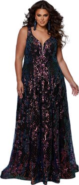 Sydney's Closet Bra-Friendly V-Neckline Sequin A-Line Plus Size Gown