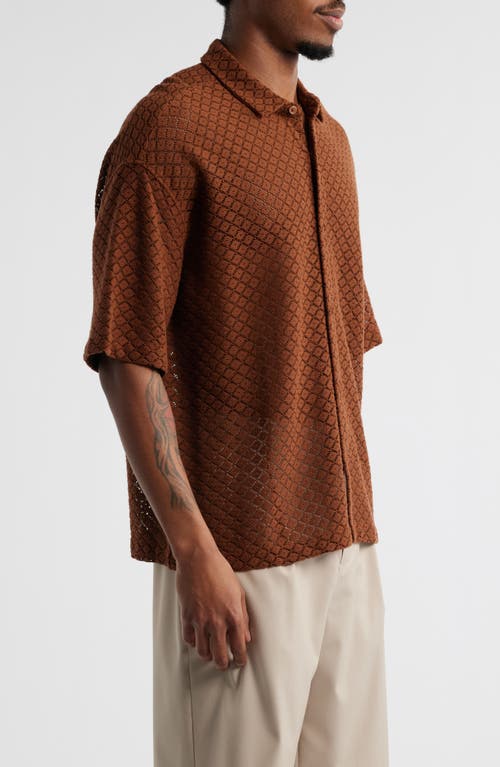 Open Edit Oversize Texture Short Sleeve Button-up Shirt In Brown Tiramisu