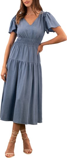 Flutter Sleeve Smocked Chambray Midi Dress