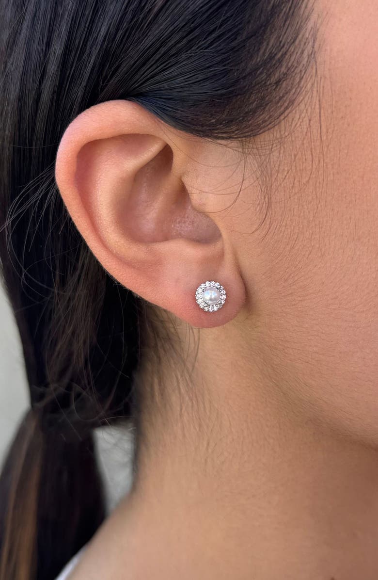 Adornia Pavé Halo Freshwater Pearl Stud Earrings, Alternate, color, Silver