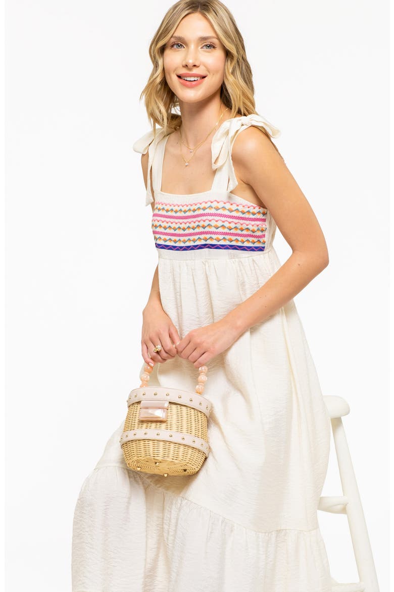 Embroidered Tie Strap Empire Waist Midi Dress, Alternate, color, CREAM