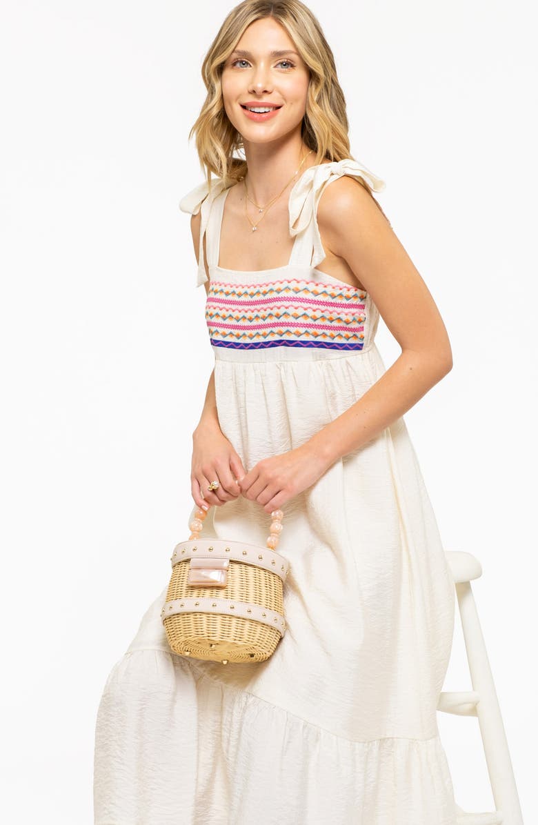 AUGUST SKY Embroidered Tie Strap Empire Waist Midi Dress, Alternate, color, Cream
