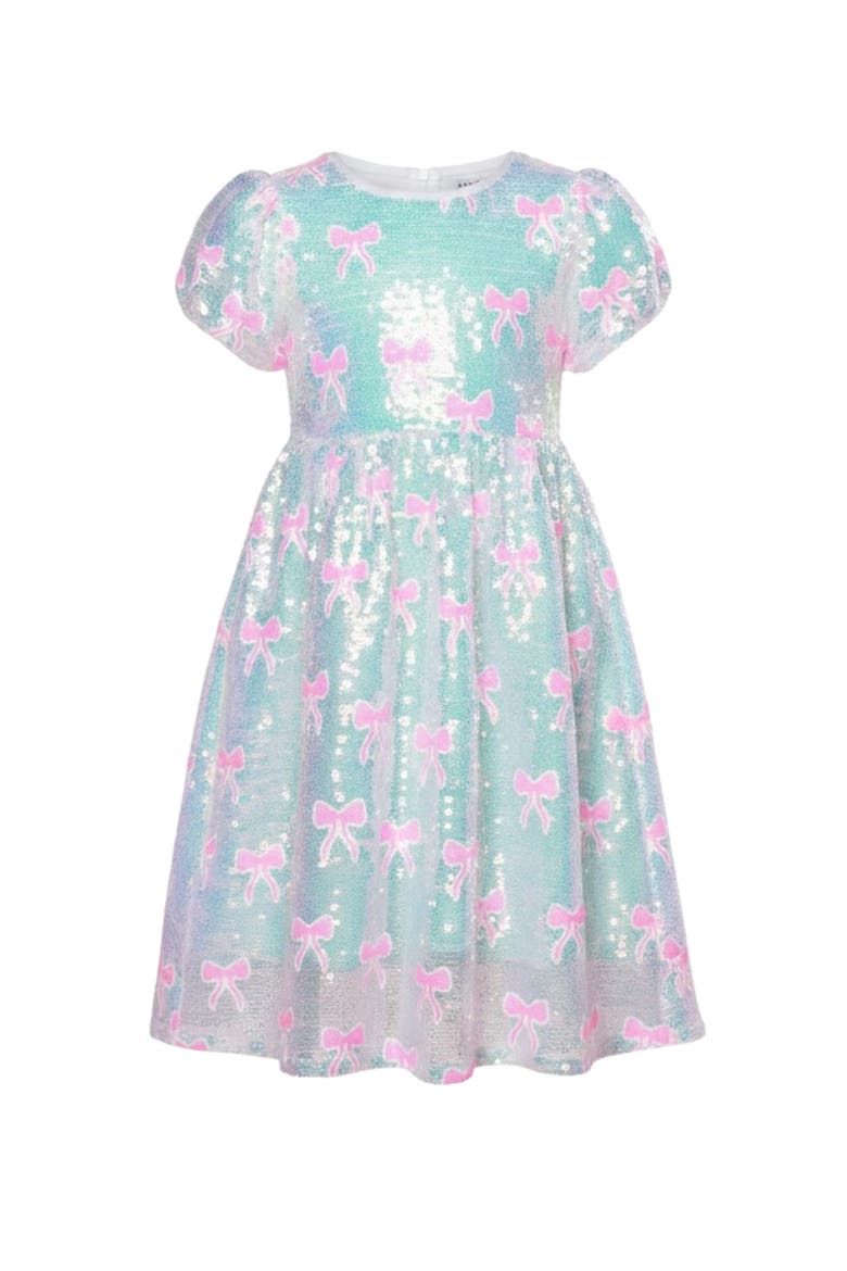 Sweet Sparkle Bow Sequin Puff Sleeve Dress, Main, color, White