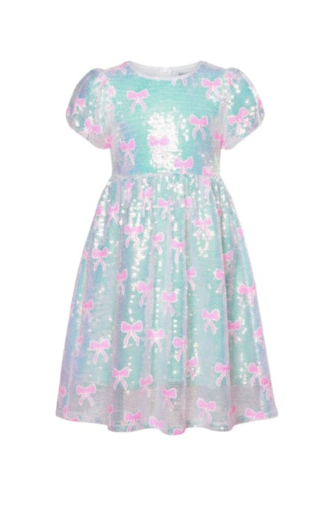 Sweet Sparkle Bow Sequin Puff Sleeve Dress