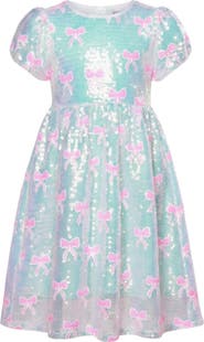 Mia Belle Girls Sweet Sparkle Bow Sequin Puff Sleeve Dress